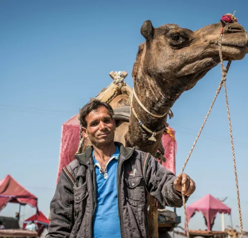 Man standing next to camel