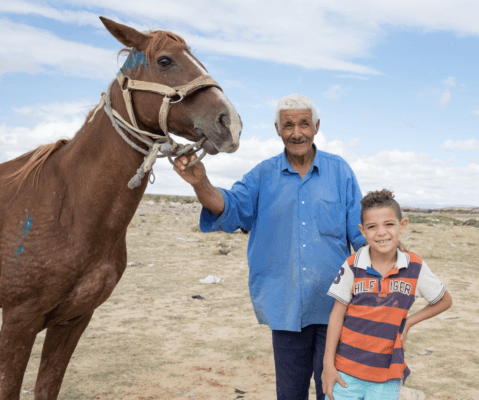horse with owner and child