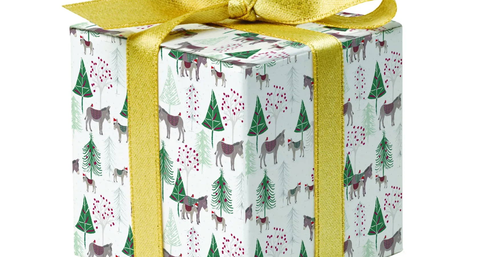 Donkey gift wrap, wrapped around box with ribbon