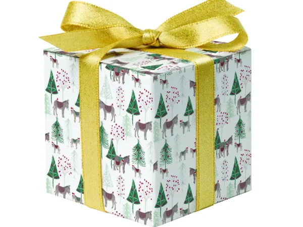 Donkey gift wrap, wrapped around box with ribbon
