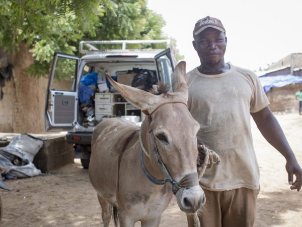 donkey standing with a smiling man with a SPANA mobile vet van in the background