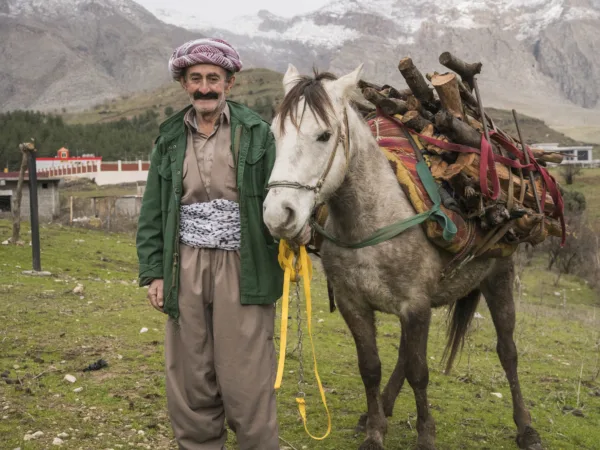 A man wearing a green coat standing with his working horse. The horse is carrying tree logs on its back.