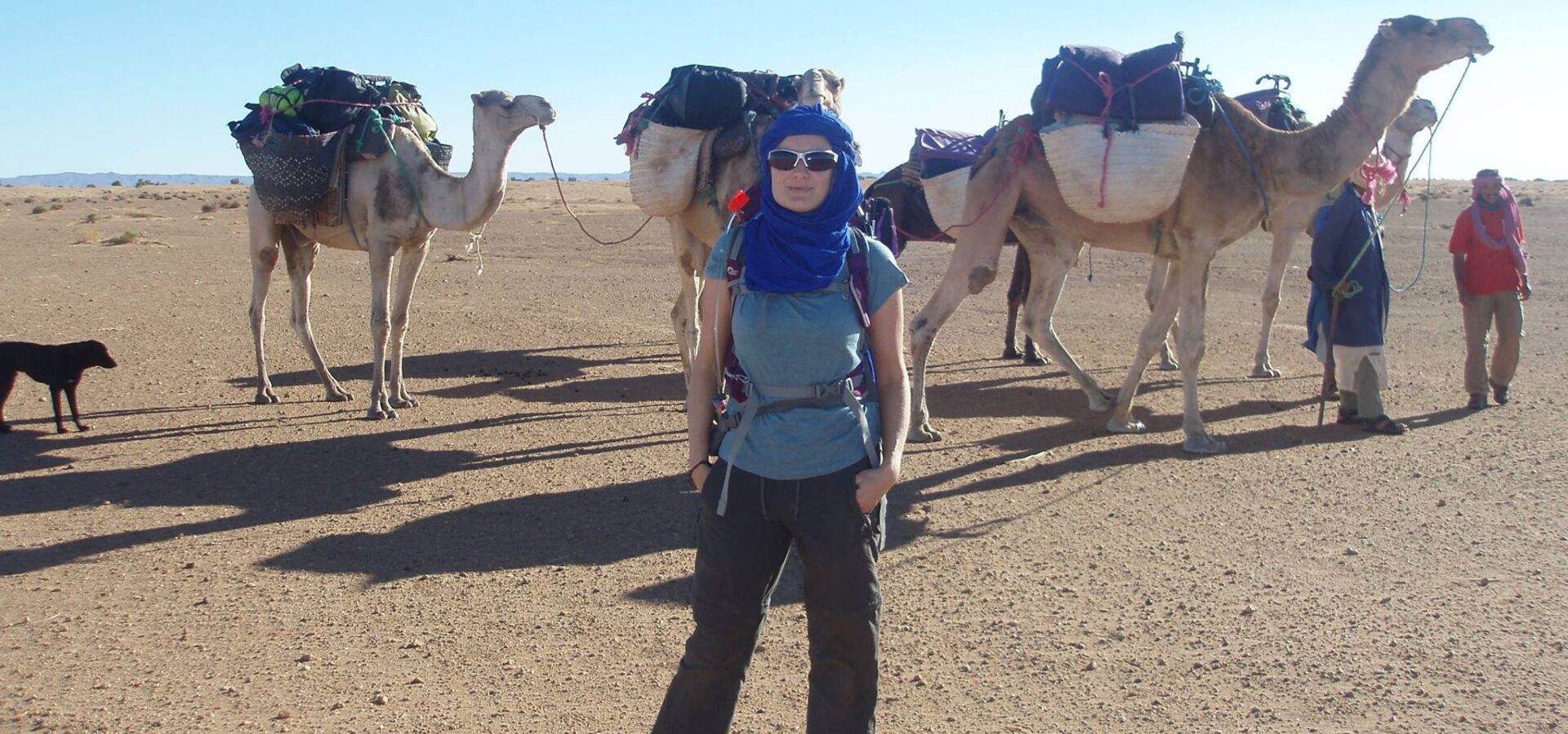 A lady stands in front of three camels in the Sahara Desert as she participates in a trek to raise funds for SPANA.