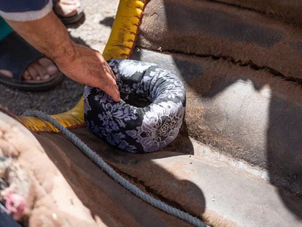 Someone picking up a round padded bandage with a hole in the middle up off the ground.