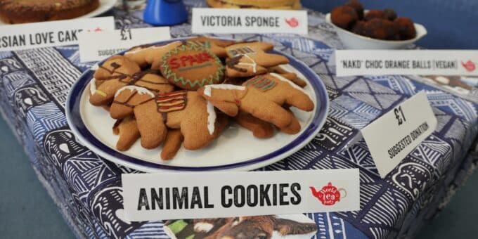 A plate of animal-shaped cookies on a table, raising money for SPANA charity