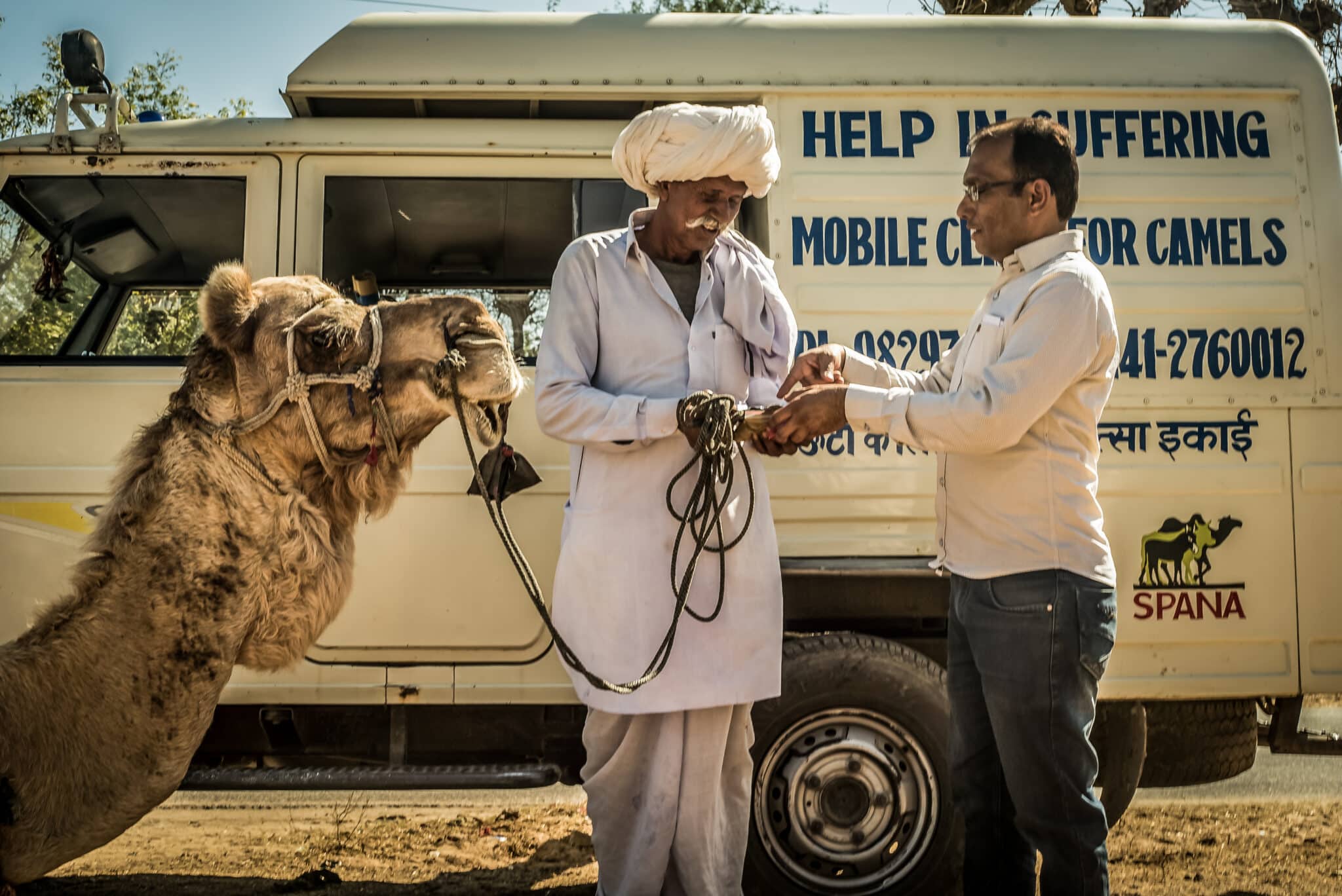 a vet and an animal owner are talking to each other, the animal owner is holding the reigns of his camel