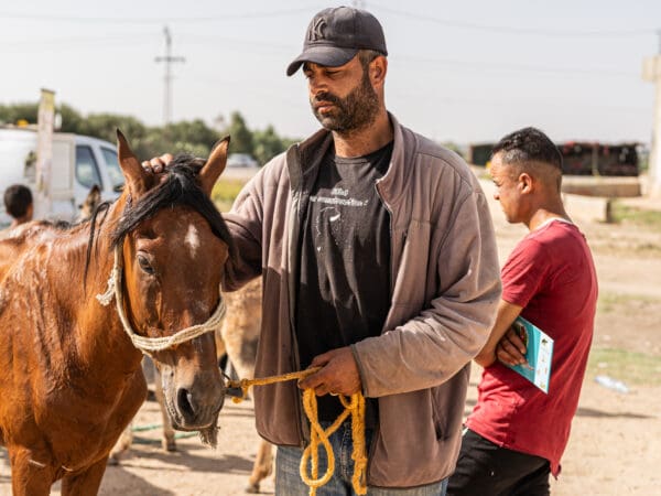 A working horse and his owner at a SPANA mobile clinic in Tunisia