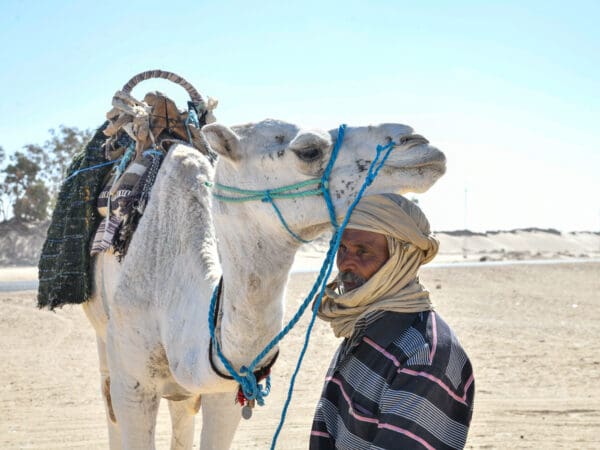 A camel and his owner wait for treatment at a SPANA mobile clinic in Tunisia