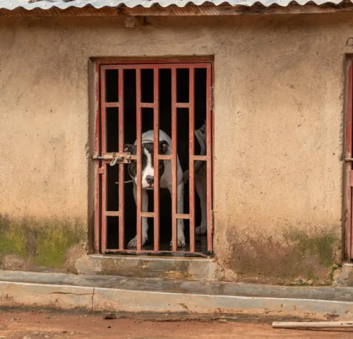 Three dogs kept in tiny, cramped, dark, kennels without bedding or enrichment.