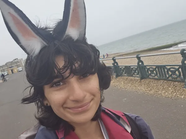 Bibi walking along the seafront wearing a SPANA tshirt and donkey ears